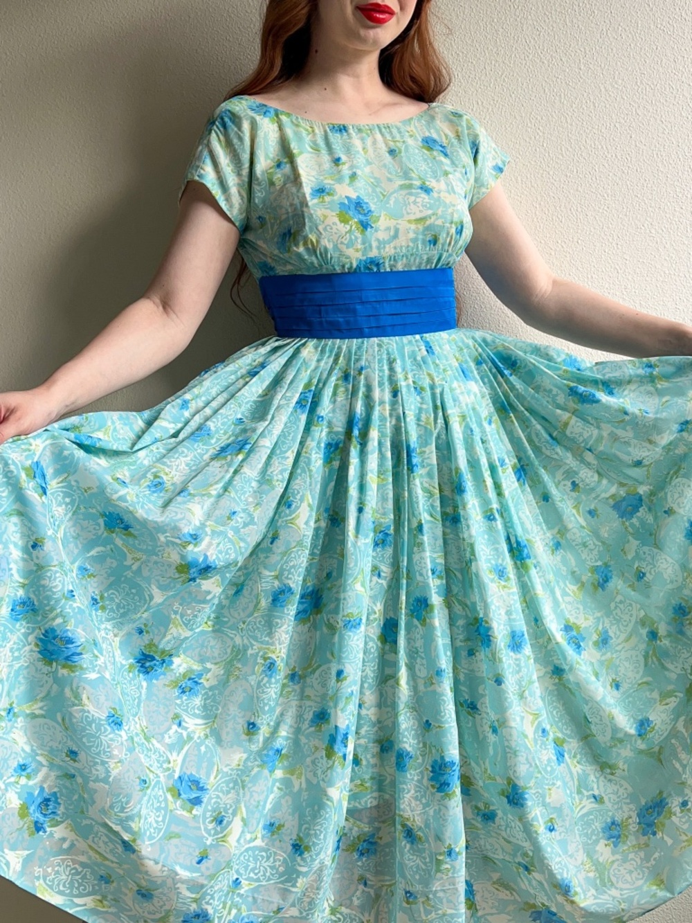 Glamorous Vintage 1950s Blue Floral Chiffon Cocktail Dress (S)